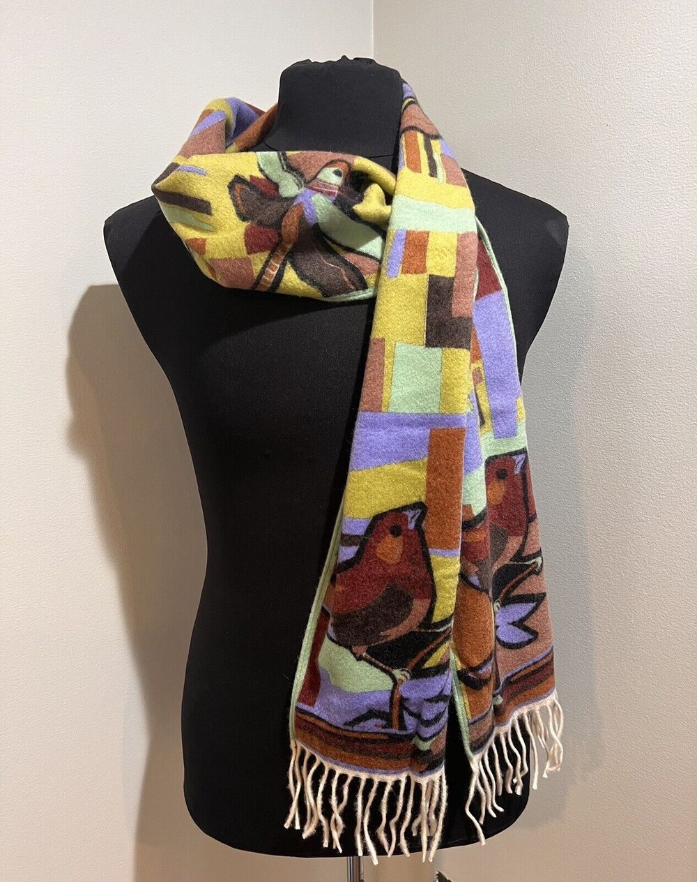 Emilio Pucci 100% Cashmere Scarf With Birds Dragonfly Cherries 7”x 68”